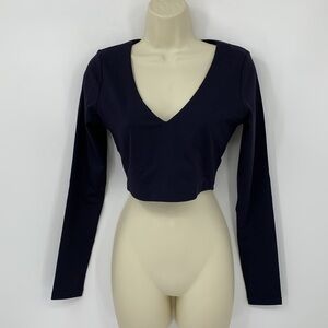 Susana Monaco Very V crop top shirt blouse midnight navy blue jersey knit Large
